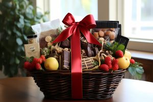 Panier gourmand de chocolat et fruits avec un ruban rouge.